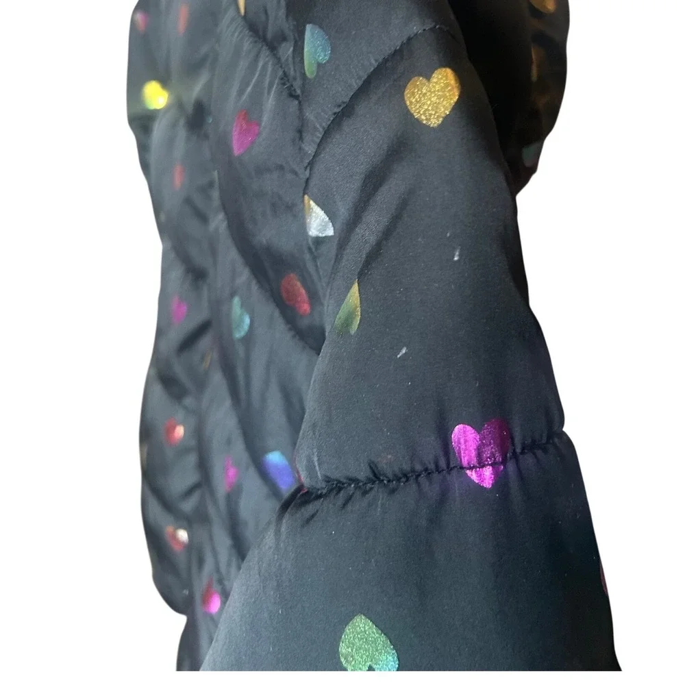 Kids Old Navy Black Puffer Jacket Rainbow‎ Metallic Hearts Size M 8